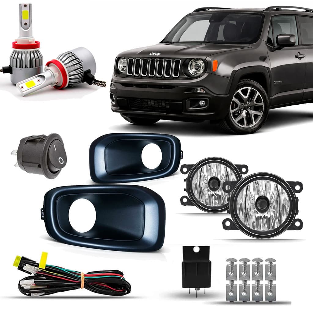 Kit Farol Milha Auxiliar Neblina Completo Renegade 2017 2018 2019 Moldura Preta Cinza Super Led 6000K