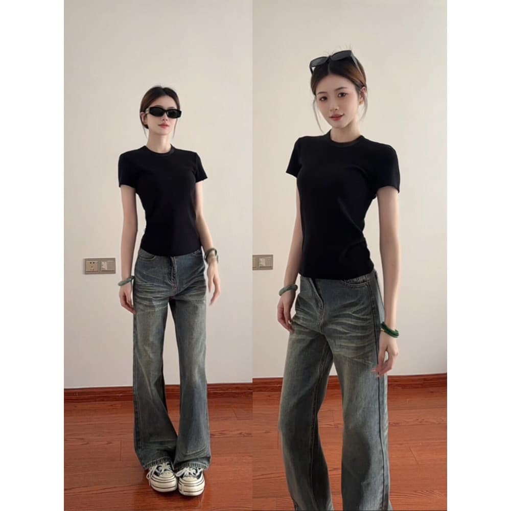 Camiseta curta feminina preta de manga curta 2026 novo estilo ombro frontal meia manga Slim fit estreito @-