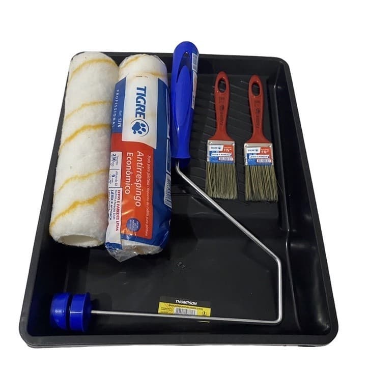 Kit Pintura Casa Parede Rolo Lã Anti Respingo Pincel E Bandeja 6 Peças Tigre