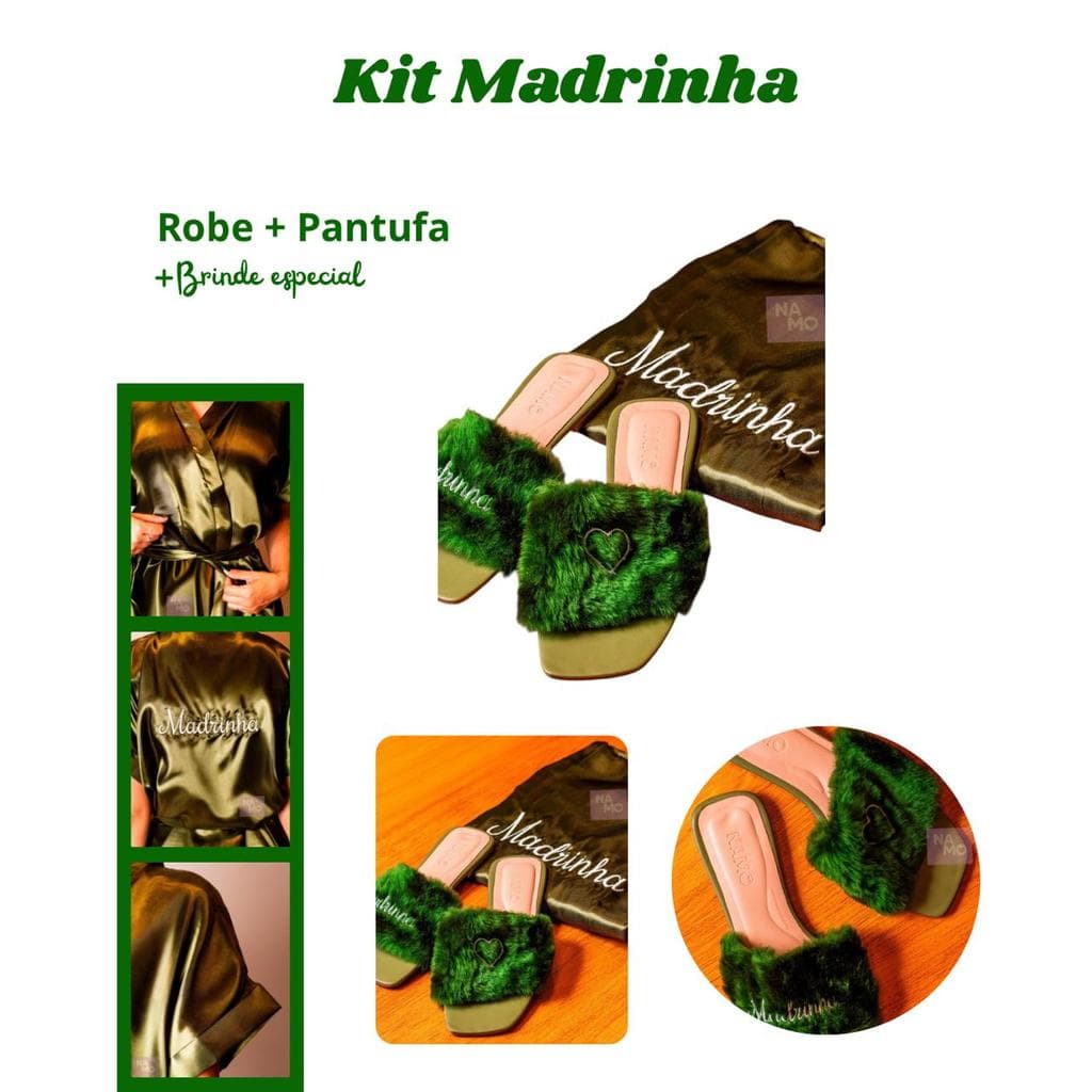 Kit Madrinha Robe Cetim Verde + Pantufa Bordados “Madrinha” Branco