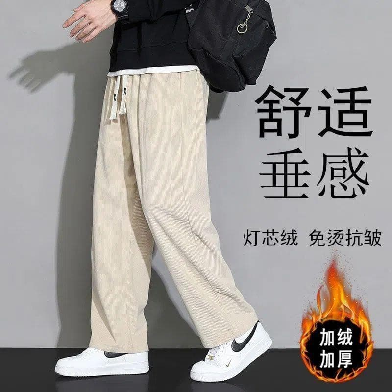 Calças de veludo masculinas outono inverno forro de lã ins Street Wear Drape solto perna larga em linha reta esportes ca