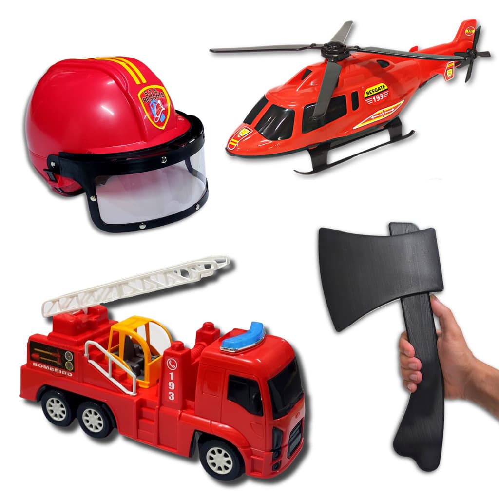 Kit Caminhão Bombeiro Brinquedo Helicóptero Capacete Machado Equipamentos Infantil Resgate Acessório