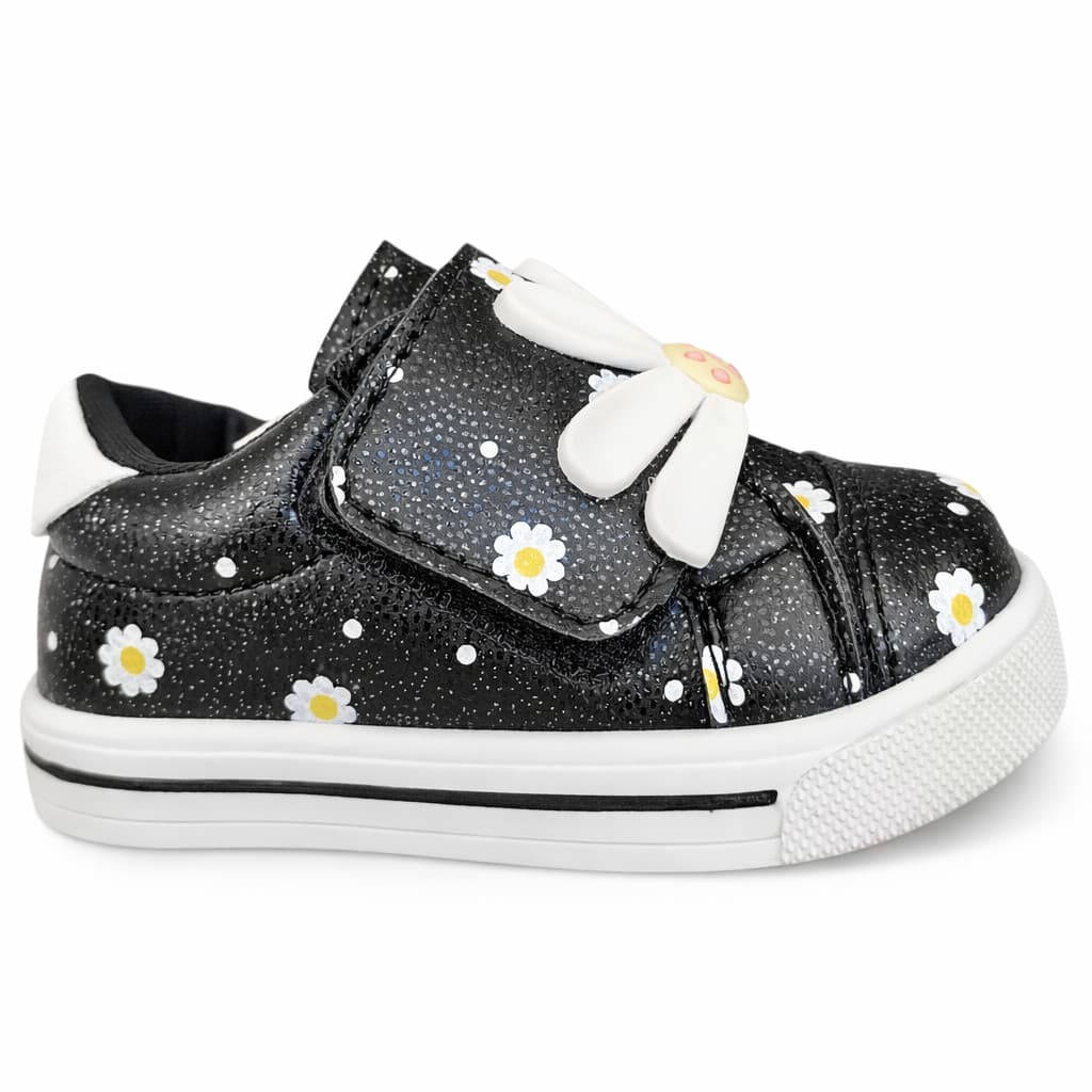 Tênis Bebê Infantil Menina Preto Floral Velcro Confortável