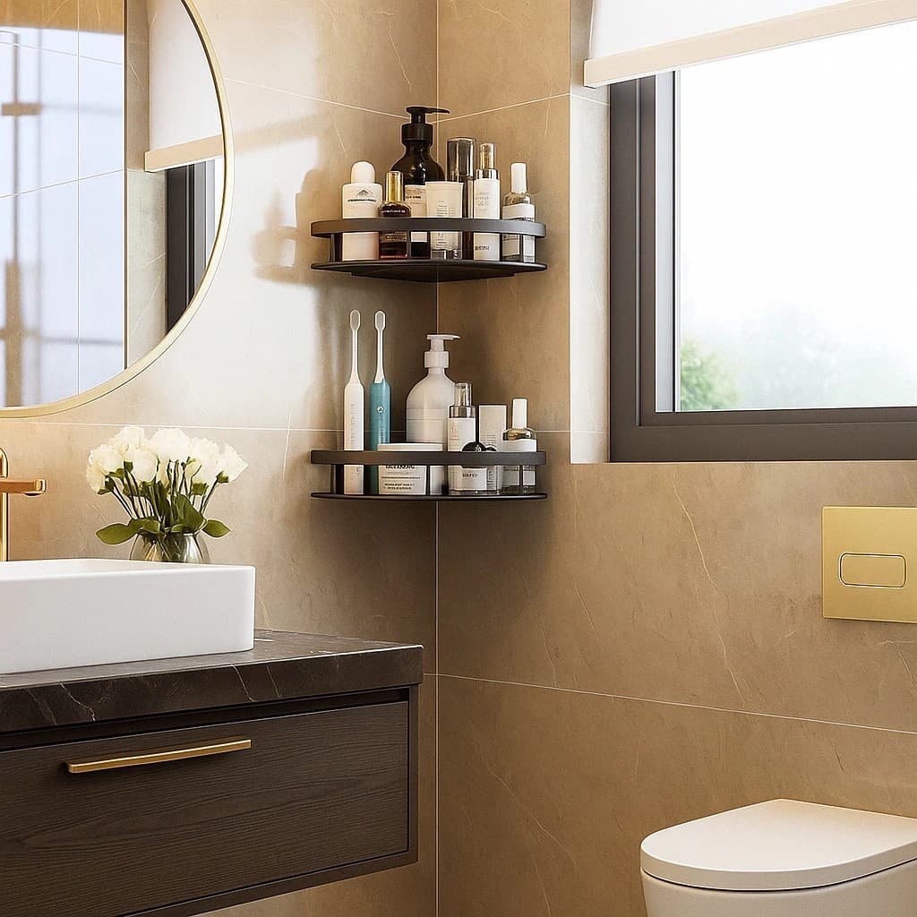 Kit 2 Prateleira Organizadora Banheiro Suporte Produtos Higiene Canto em L Porta Shampoo Rack Pendura