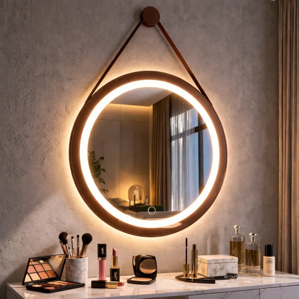 Espelho Adnet Com Touch e Led 3 Cores Jateado com borda em Couro Premium 50 a 80cm