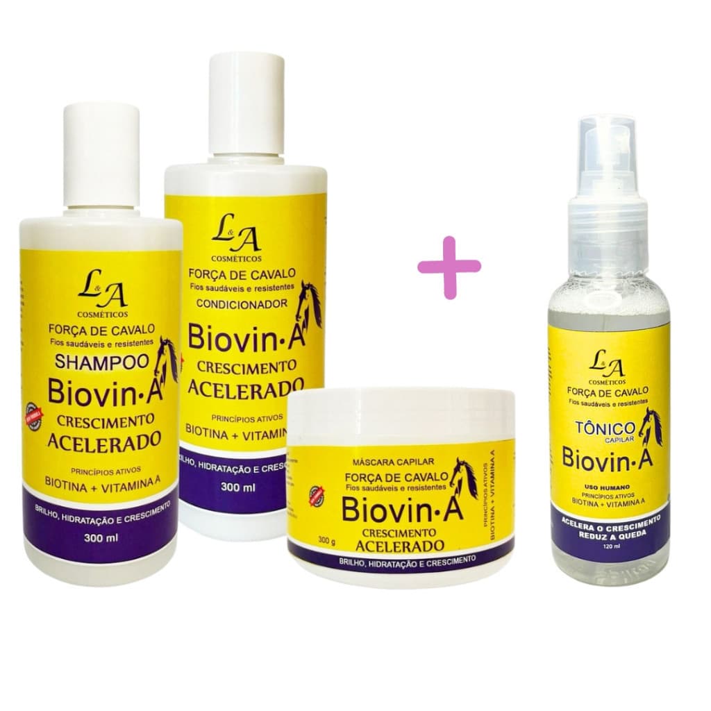 Kit Crescimento Capilar Força de Cavalo Biovin-A L&A Cosméticos Tratamento Completo Acelera Crescimento e Fortalecimento
