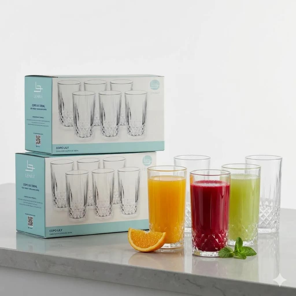Jogo Copos Vidro 12 Peças 280ml Tipo Cristal Transparente Resistente Elegante Água Suco Refrigerante Mesa