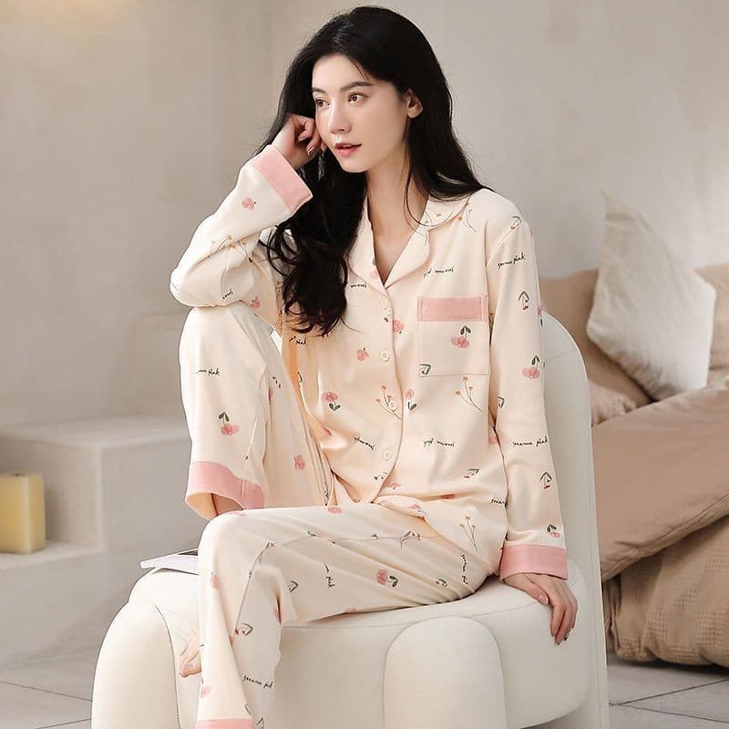Processamento pijamas senhoras primavera outono manga comprida Homewear doce Cardigan mãe terno