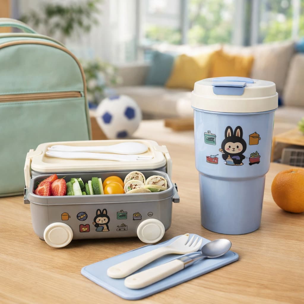 Kit Lancheira Infantil Inox com Marmita, Copo e Talher, Ideal para Escola e Passeios