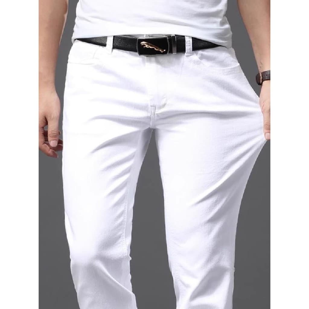Calças de brim brancas puras masculinas soltas primavera outono calças estiramento rua Wear calças masculinas finas calç