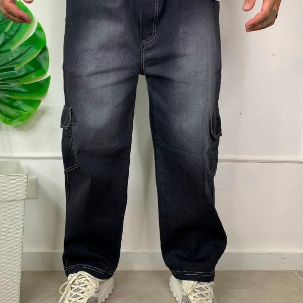 Calça Cargo Preta Banhada Masculina Streetwear Premium Larga