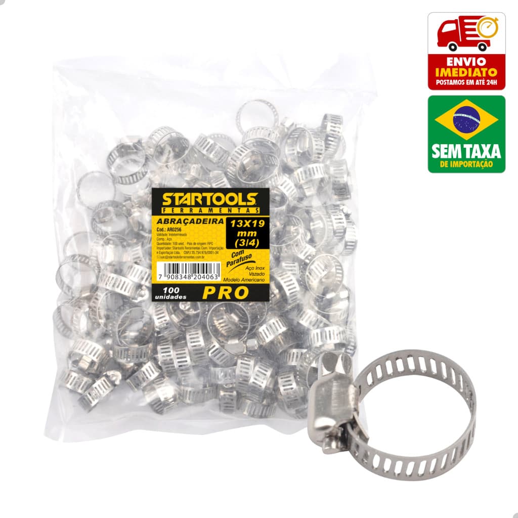 Kit Abraçadeira 100 unidades 13X19 30004 Inox Americano Rosca Sem Fim StarTools AR0256