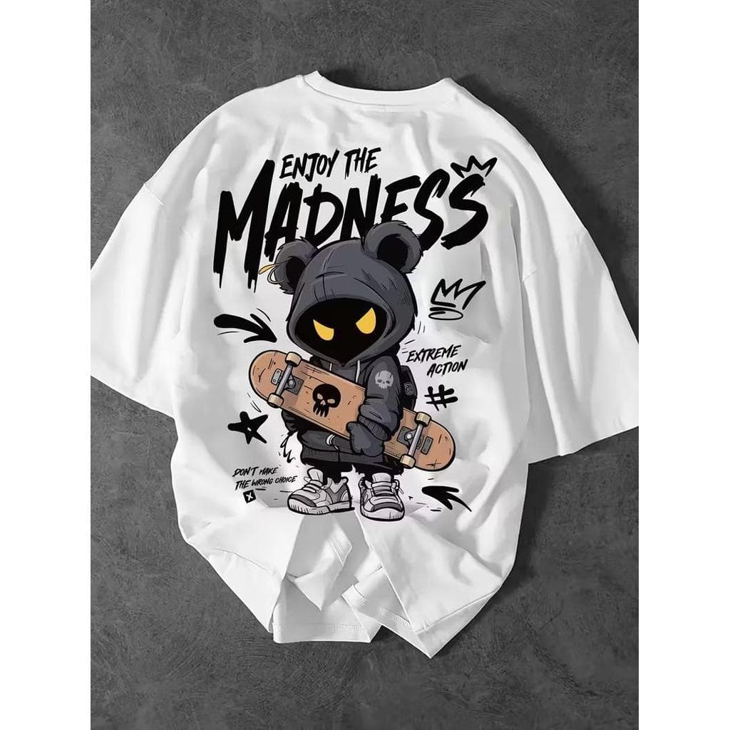 Camiseta Masculina Streetwear Algodão Penteado Infantil Adulto Plus Size Estampa Enjoy Madness menino skate Sad