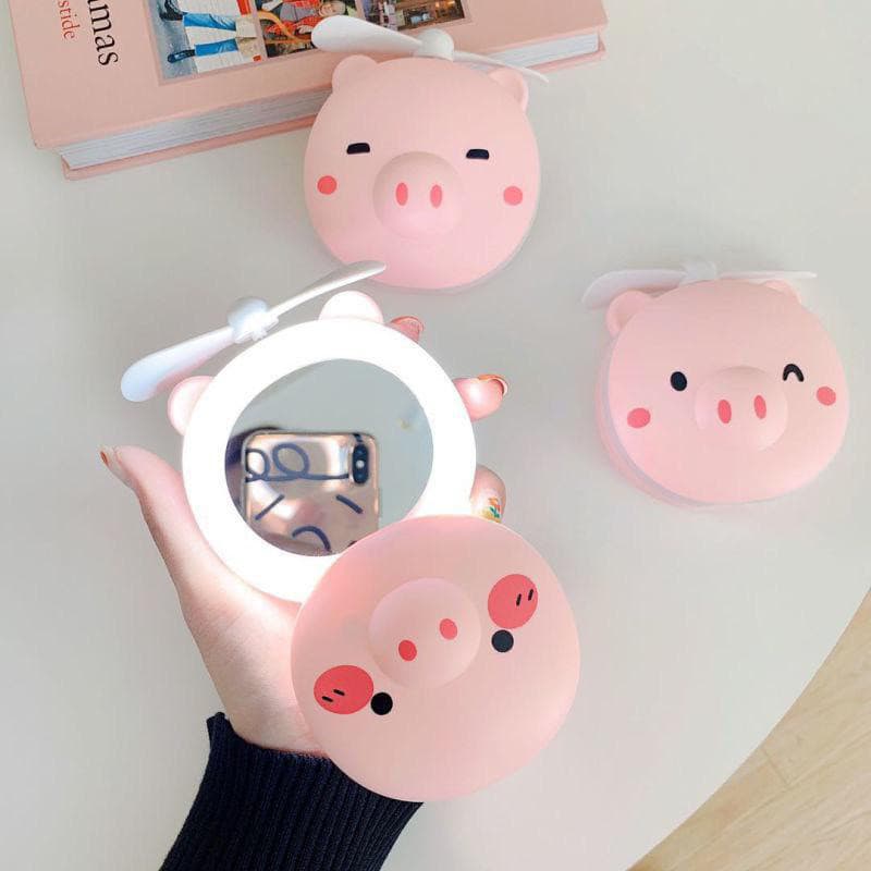 MINI ESPELHO PIG LED PORTÁTIL COM VENTILADOR E RING LIGHT PARA MAQUIAGEM ILUMINAÇÃO PERFEITA