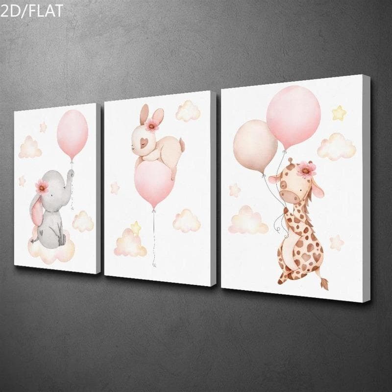 Quadro Decorativo Animais Balão Rosa Infantil