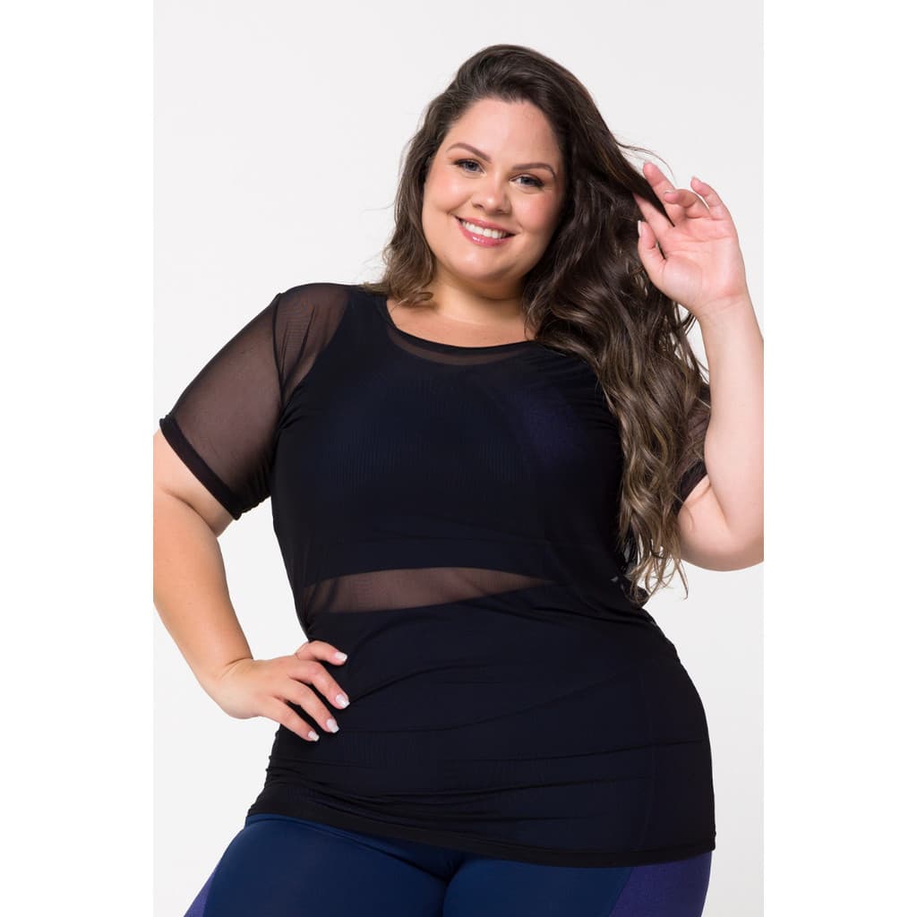 Blusa Tule Preta Com Manga Com Transparência Plus Size Promoção Fabricação Propria Camiseta Tamanhos Grandes