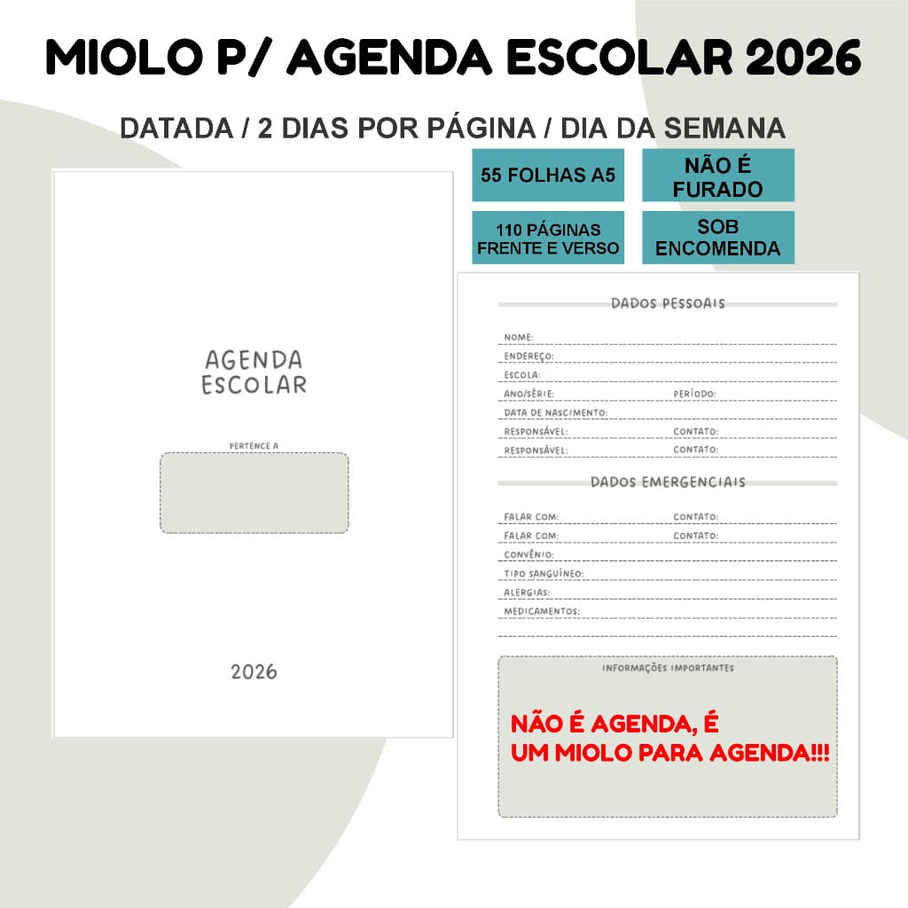 MIOLO PARA AGENDA ESCOLAR DATADA 2DPP VERDE KITS