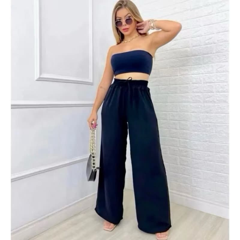 Calça Pantalona Feminina Com Bolso Cintura Alta