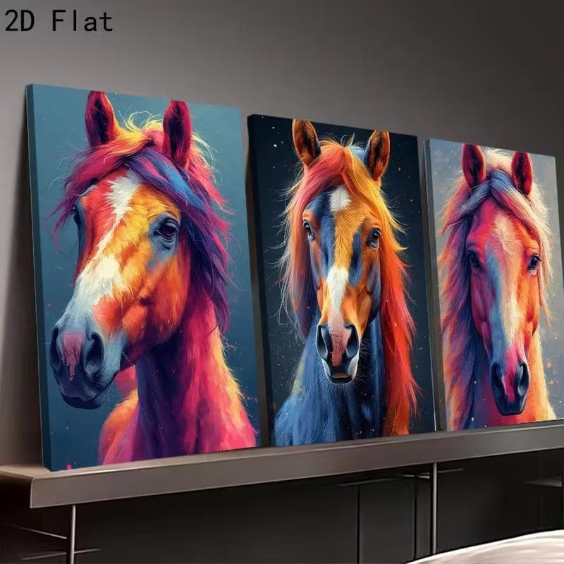 Quadro Decorativo Cavalos Coloridos Pintura Moderna Kit 3 Peças
