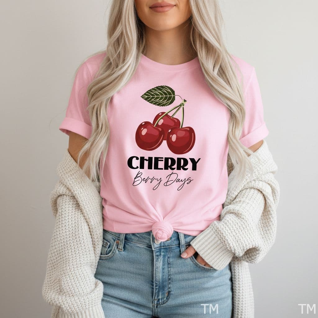 Camiseta Feminina Delicada Casual Estampada Cereja Cherry Blusinha T-shirt Algodão Malha Respirável