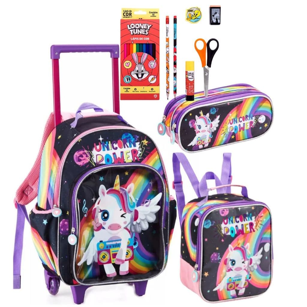 Kit Mochila Rodinha Lancheira Estojo Infantil Unicórnio Menina + Kit Escolar LEO&LEO