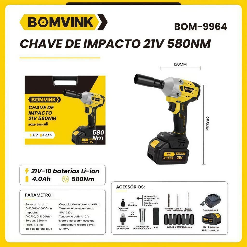 BOMVINK BOM-9964 Chave de Impacto a Bateria Alta potência de 580 Nm + bateria 21V