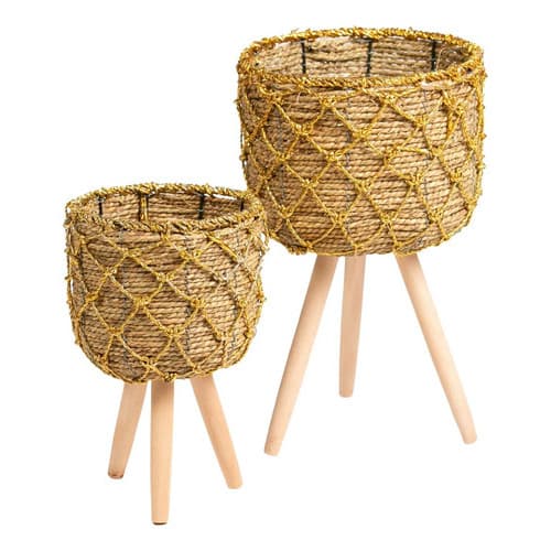 Kit com 2 Vaso Fibra Natural com Pé Madeira 20X31cm/25X44cm