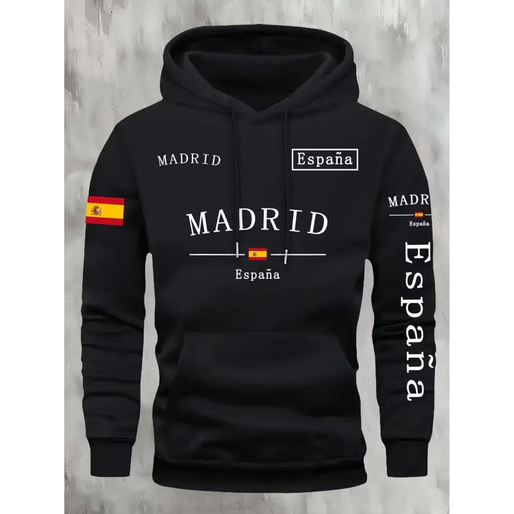 Blusa Casaco Moletom Frio Canguru Bolso Capuz Streetwear Casual Masculino Unissex Estampa Madrid Espanha MANGA Futebol