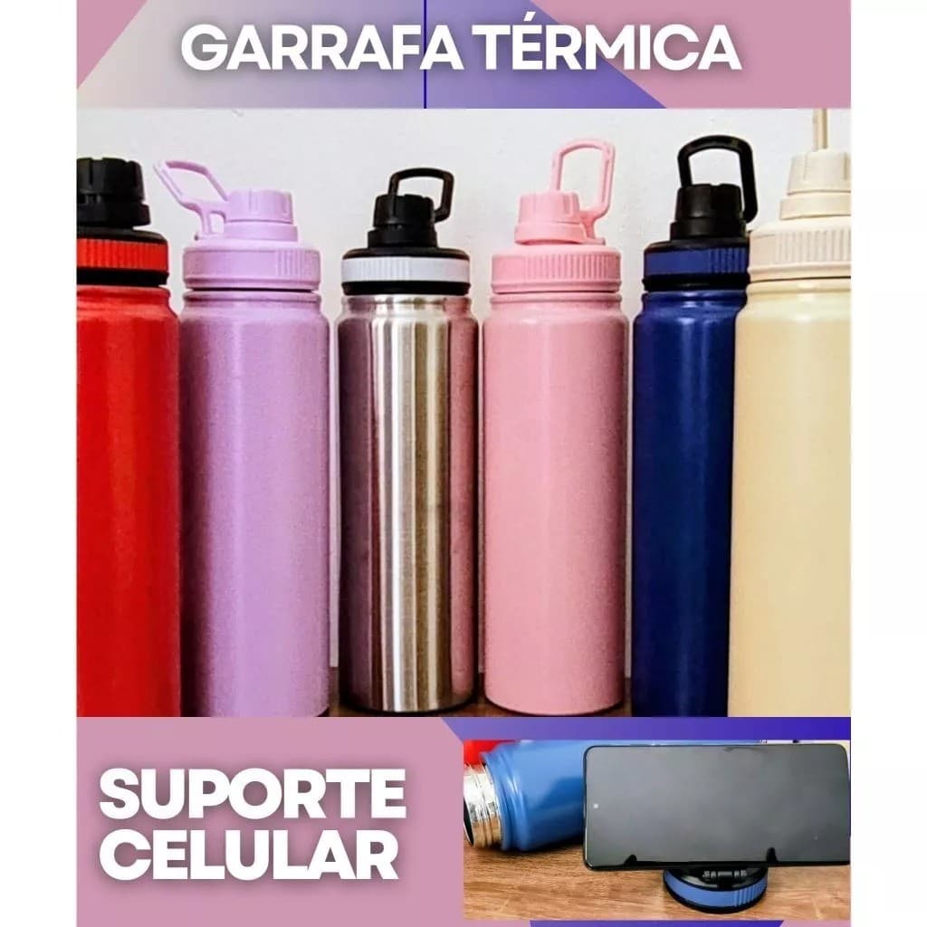 Garrafa Térmica de Água 800ML Aço Inoxidável Alça Porta Celular Academia, Treino, Trabalho