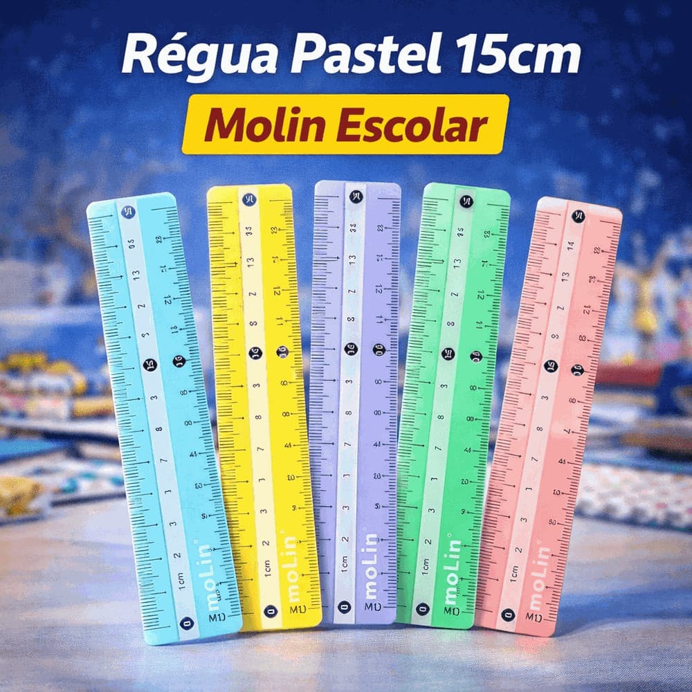 Régua Pastel 15cm Molin Escolar Plástica Resistente Material Escolar Escritório Medição Precisa Colorida