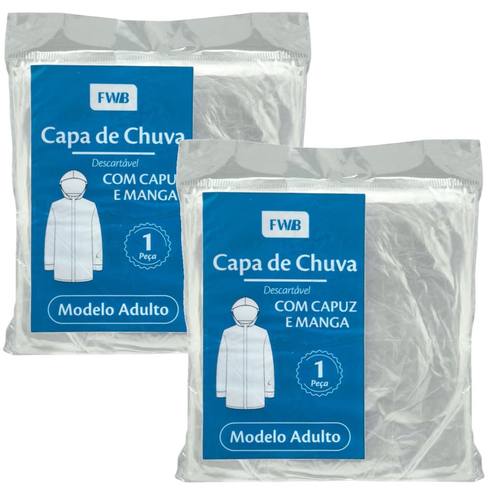 Kit 5 e 10 Capas de Chuva Descartável - COM CAPUZ E MANGA - Modelo Adulto