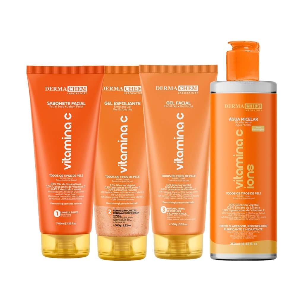 Kit Anti-Idade Facial Vitamina C Dermachem Sabonete + Esfoliante + Gel Facial + Água Micelar