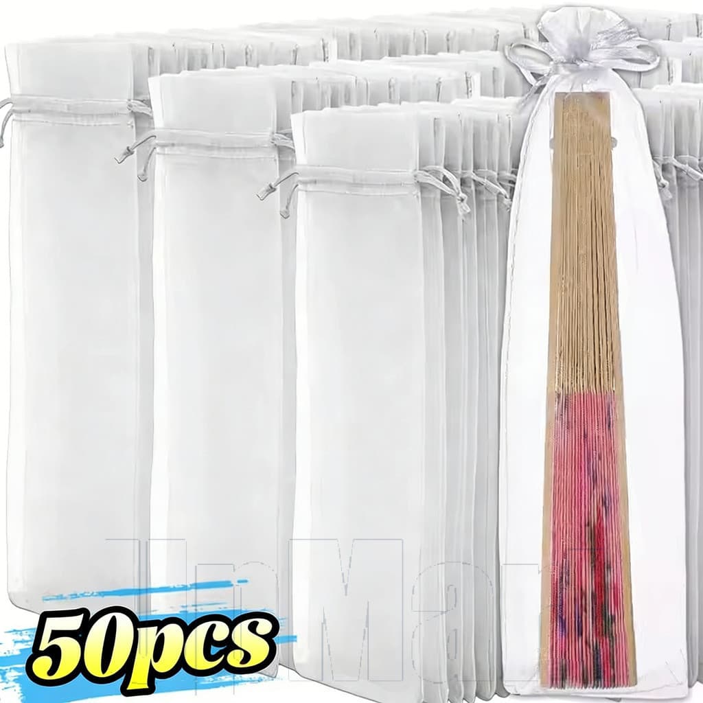 10/20/30/40/50 Pacotes De Sacos De Organza Com Cordão , Bolsa Dobrável Para Ventilador De Mão , Saco De Embalagem De Fes