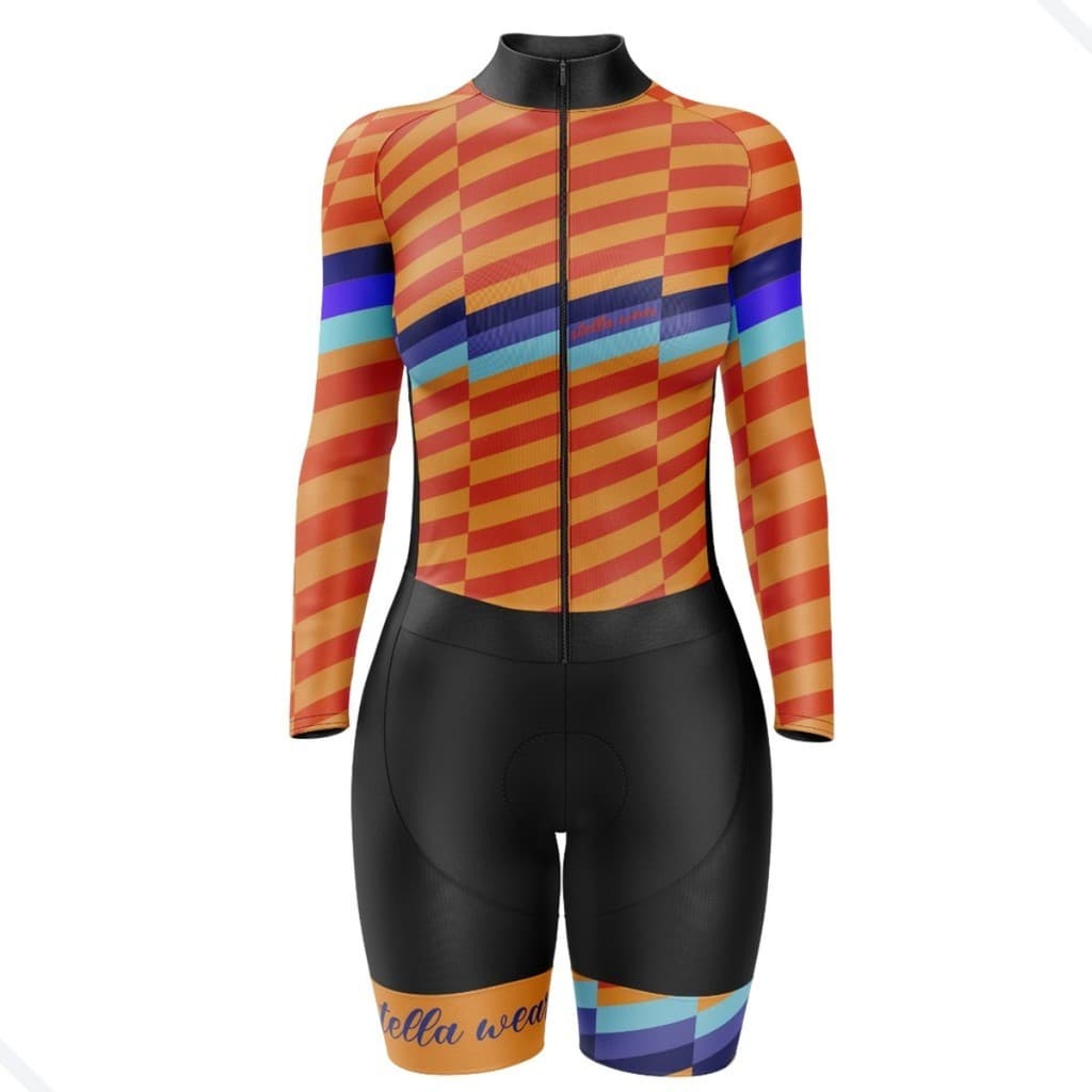 Macaquinho Ciclismo Feminino Profissional Gel Acolchoado UV Proteção MTB Speed Zig Zag Laranja