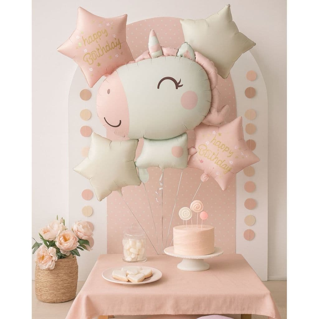 Kit 5UN Balão Unicórnio Estrela Feliz Aniversário Decoração de Festa Infantil Menina Tons Pasteis