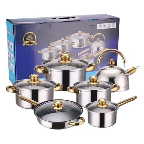 Jogo de Panelas Inox Premium 12 Peças com Alças Douradas - Tampa de Vidro Temperado
