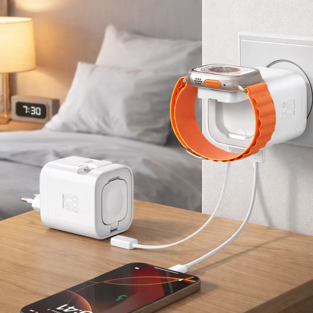 Carregador de Tomada 65W Rápido GaN USB Tipo C com Indução para Smart Watch PEI-282