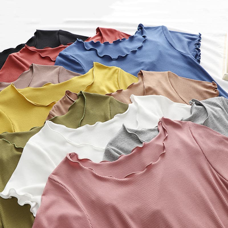 Verão simples Modal de manga curta camiseta feminina em torno do pescoço fungo borda onda camisa de fundo All-Match exte