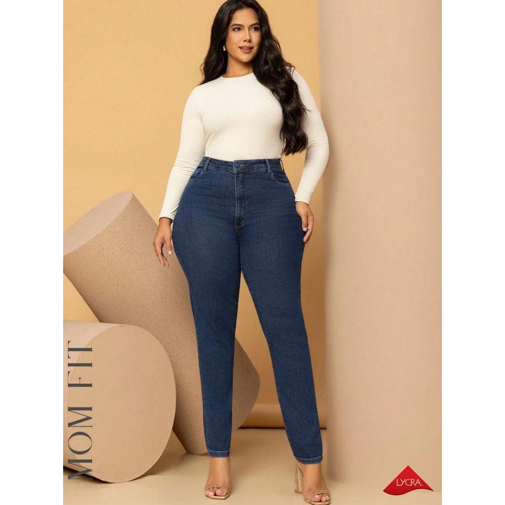 Calça Jeans Feminina Mom Plus Size Elastano Cintura Alta Compressor Interno