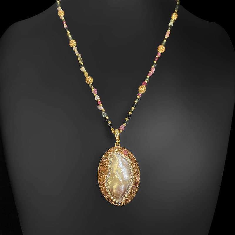 Natural em forma especial barroco pérola cobre banhado 18k pingente de ouro Real turmalina colar camisola corrente