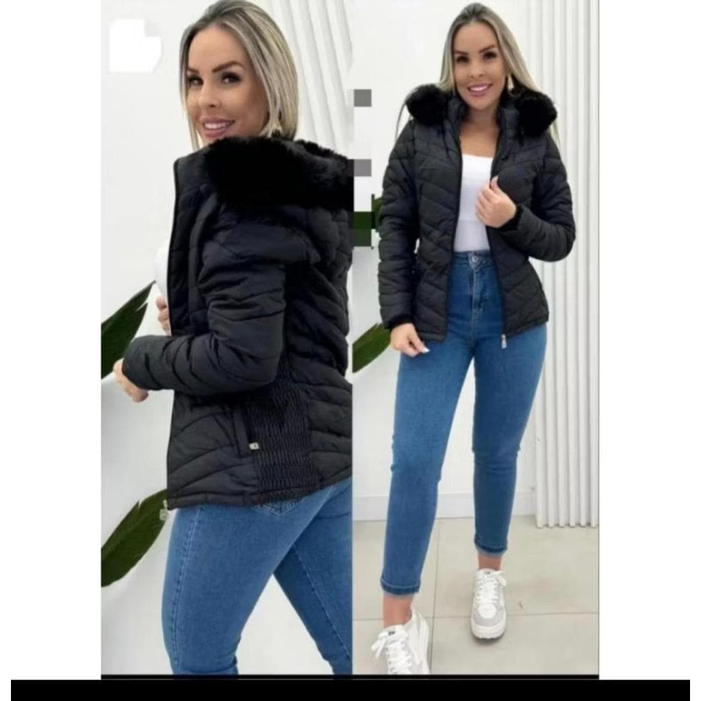 Jaqueta Puffer Forrada Apeluciada com Capuz Feminina
