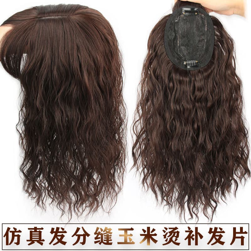 Cabelo branco fofo Perm topo Natural pedaço de cabelo peruca peça remendo capa feminino simulação média longo cabelo enc