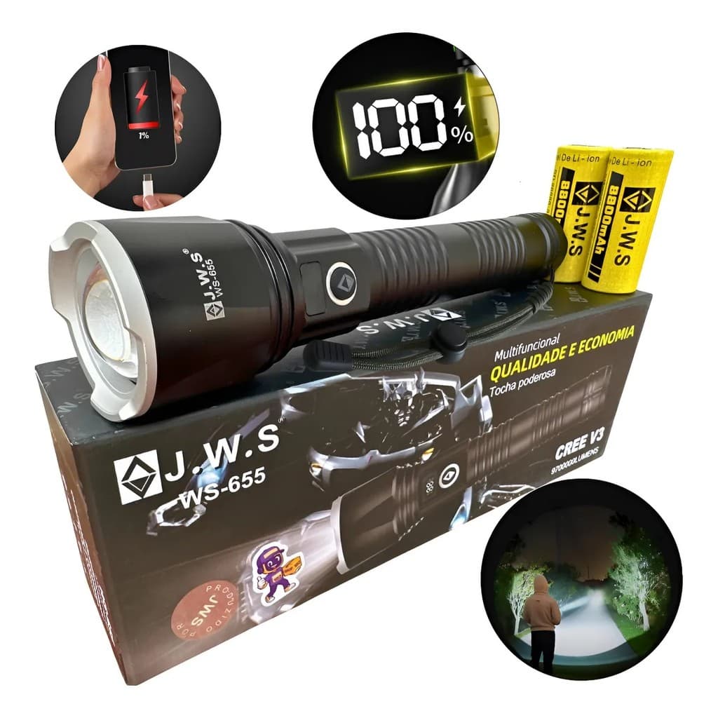 Lanterna Tática Potente Led V3 Alcance 800 Metros 2 Baterias WS-655
