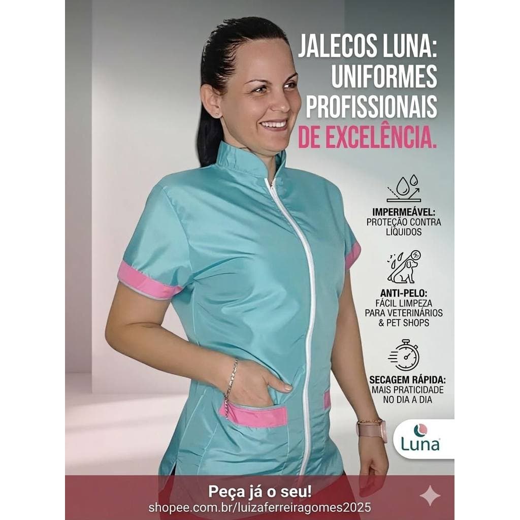 Jaleco banho e tosa anti pelos Verde Água com Rosa