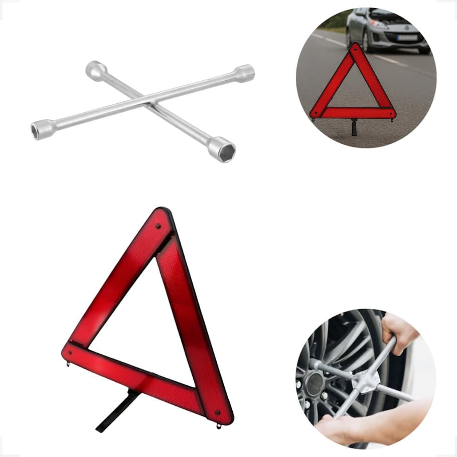 Kit Triângulo Refletivo Sinalizaçao + Chave De Roda Cruz Uso Profissional Alta Resistência Alta Durabilidade
