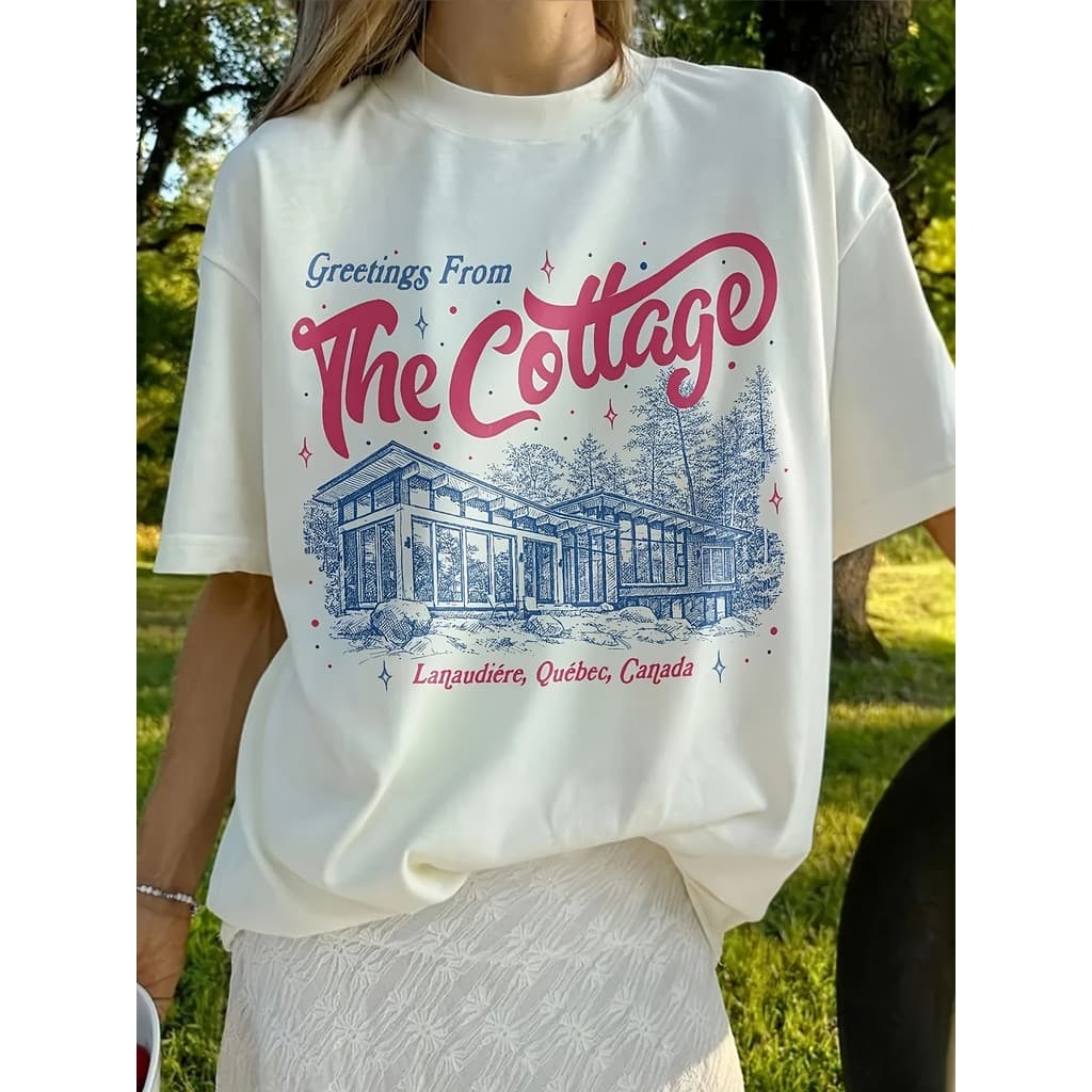 Camiseta Feminina Casual Feminina Camiseta "Venha para o Chalé" Camiseta Romântica de Hóquei Fãs de Livros e Filmes