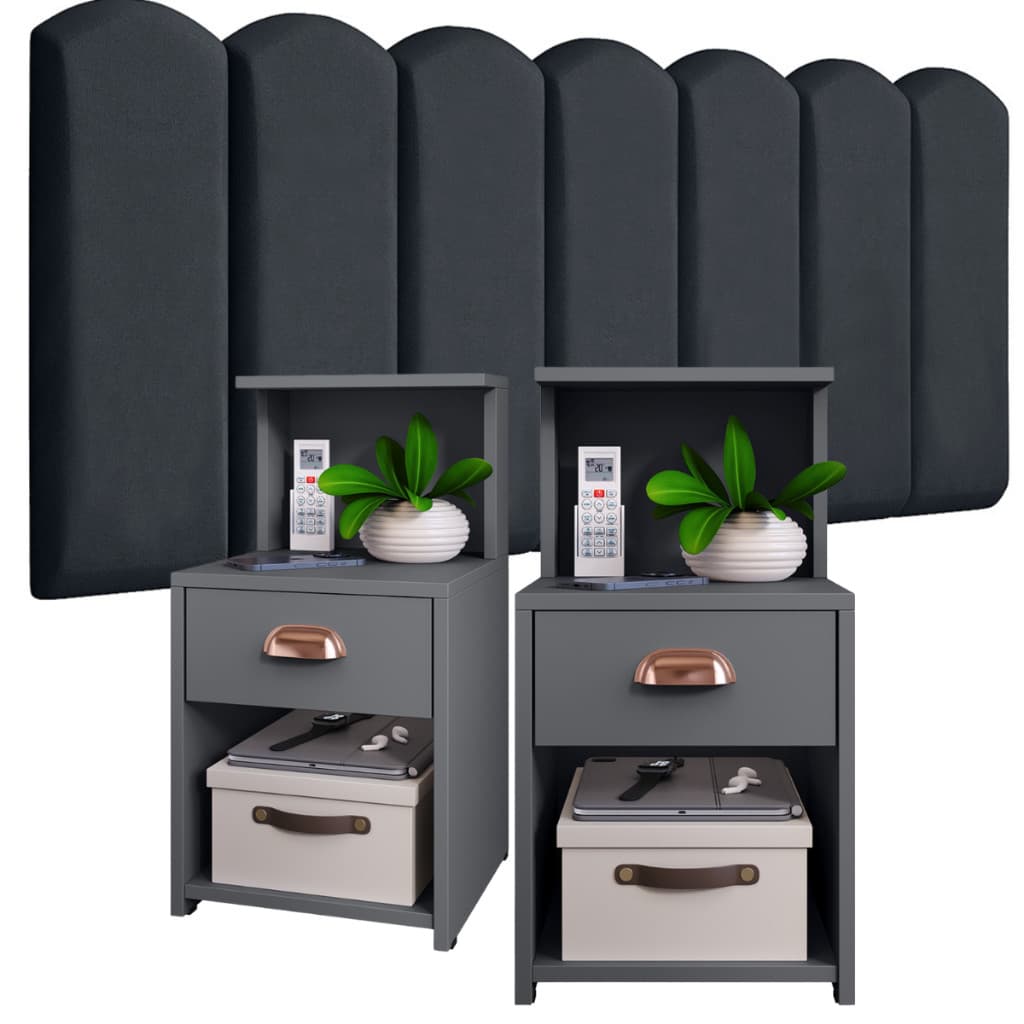 Kit Cabeceira Modular Nuvem e Criado Mudo Cléo com Gaveta e Prateleira. Painel de Cama Box Solteiro/Casal - Cores Varias