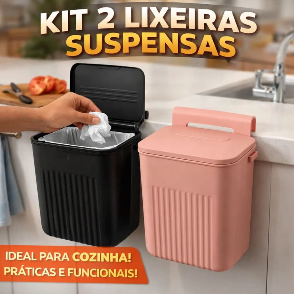 Kit até 2 Lixeiras Suspensas 9L com Tampa Retrátil Sem Furo Multiuso Porta Armário Cozinha Banheiro
