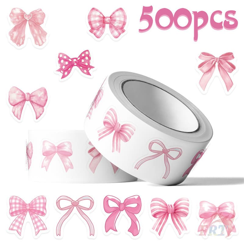 500 Unidades/Rolo ✿ Laços Rosa . Adesivos De Recompensas Infantis Decalques De Etiqueta De Vedação Para Decoração De Álb