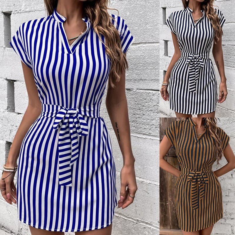 Vestido Feminino Listrado De Manga Curta Elegante Verão Gravata Cintura Vestidos Midi